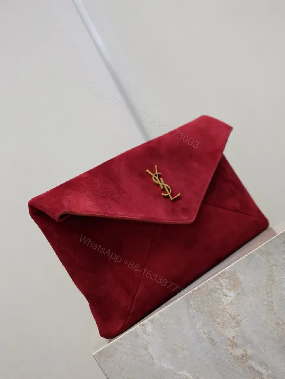 View 3 of Velvet Red Clutch: Gold Hardware Envelope Evening Bag
