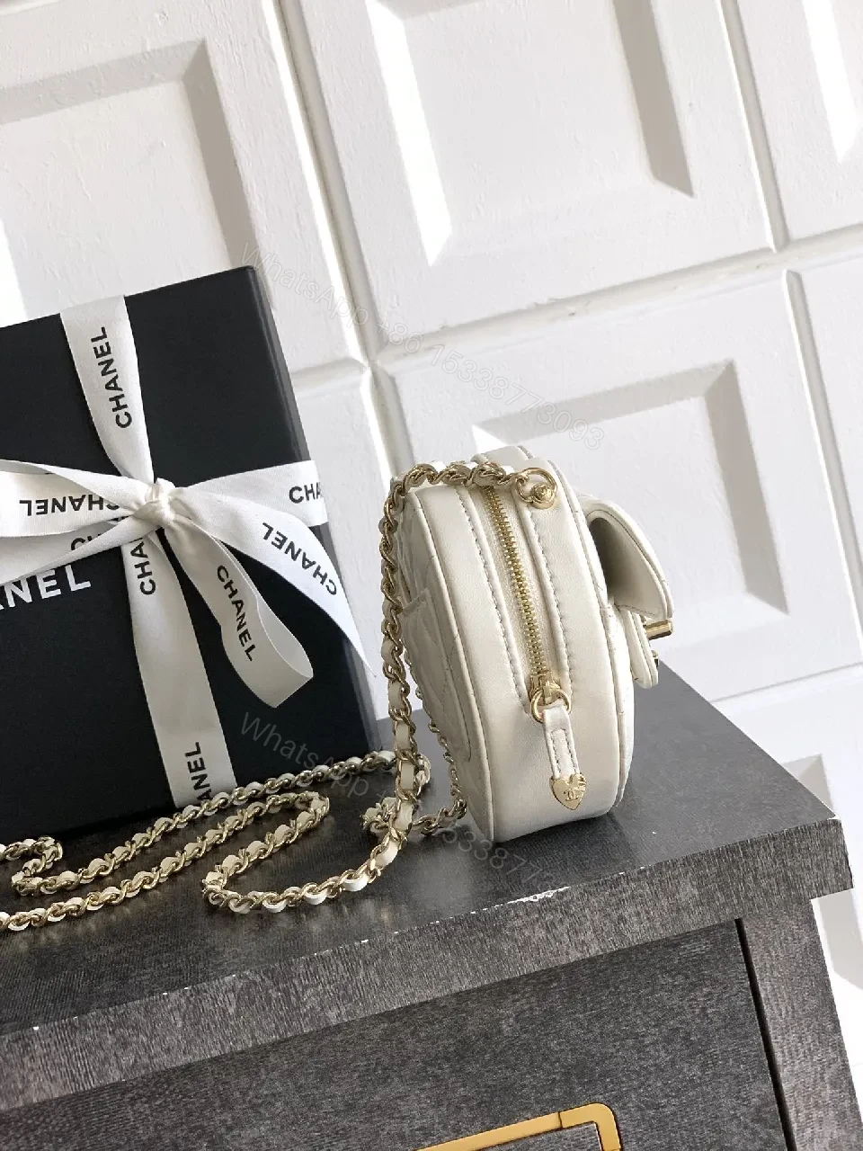 View 8 of Quilted Lambskin Mini Bag: Timeless White, Gold Clasp
