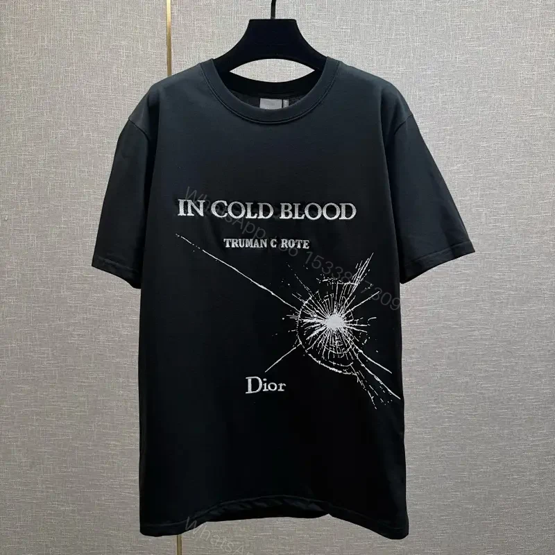 Black Cotton Tee, Dramatic Crackle Print, Relaxed Fit, Bold Typography Tee — view 1
