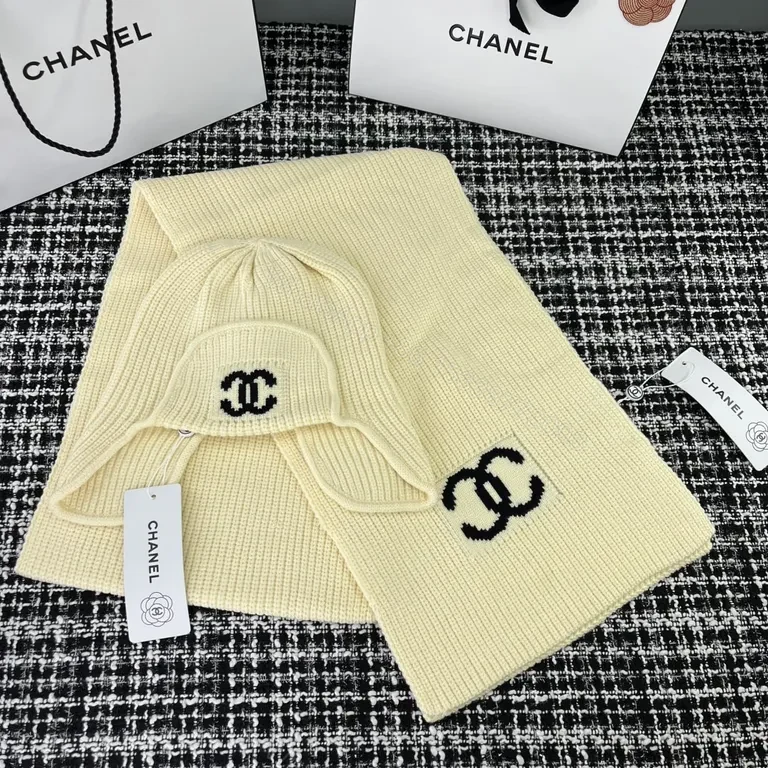 View 9 of Chanel Knit Set: Black & Cream, Signature Logo Hat & Scarf