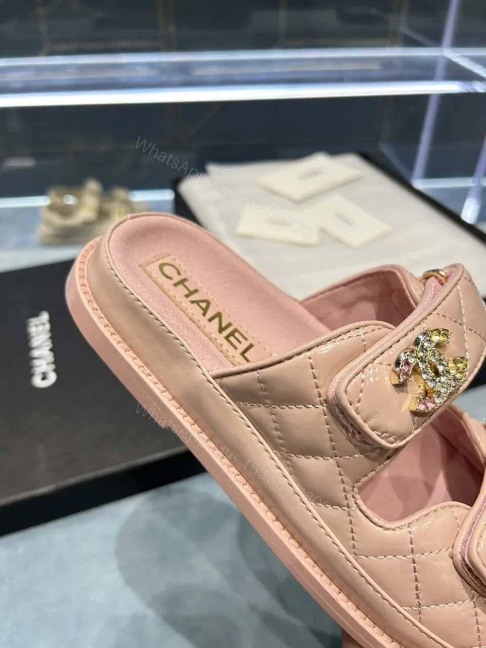 View 3 of Soft Pink Quilted Sandals with Crystal Straps - All-Day Comfort
