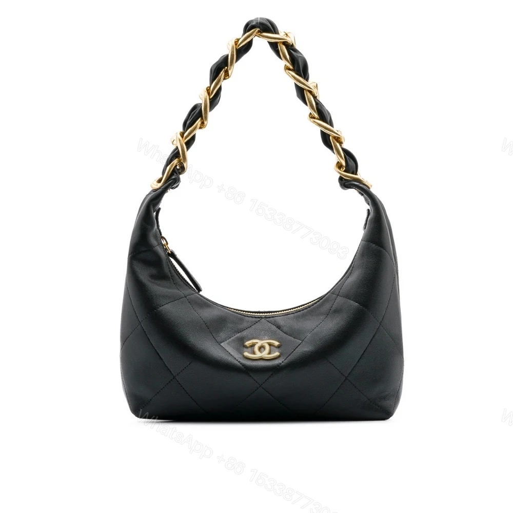 Chanel Hobo Handbag Shiny And Gold Tone Metal Black 24Cm — view 1
