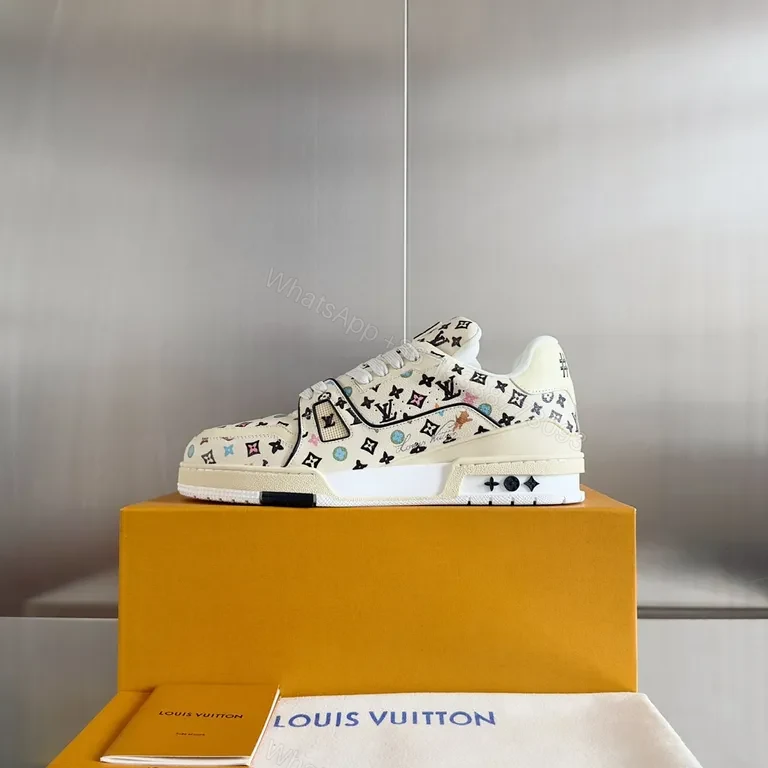 View 4 of White LV-Pattern High-Top Sneakers: Multicolor Luxury Comfort