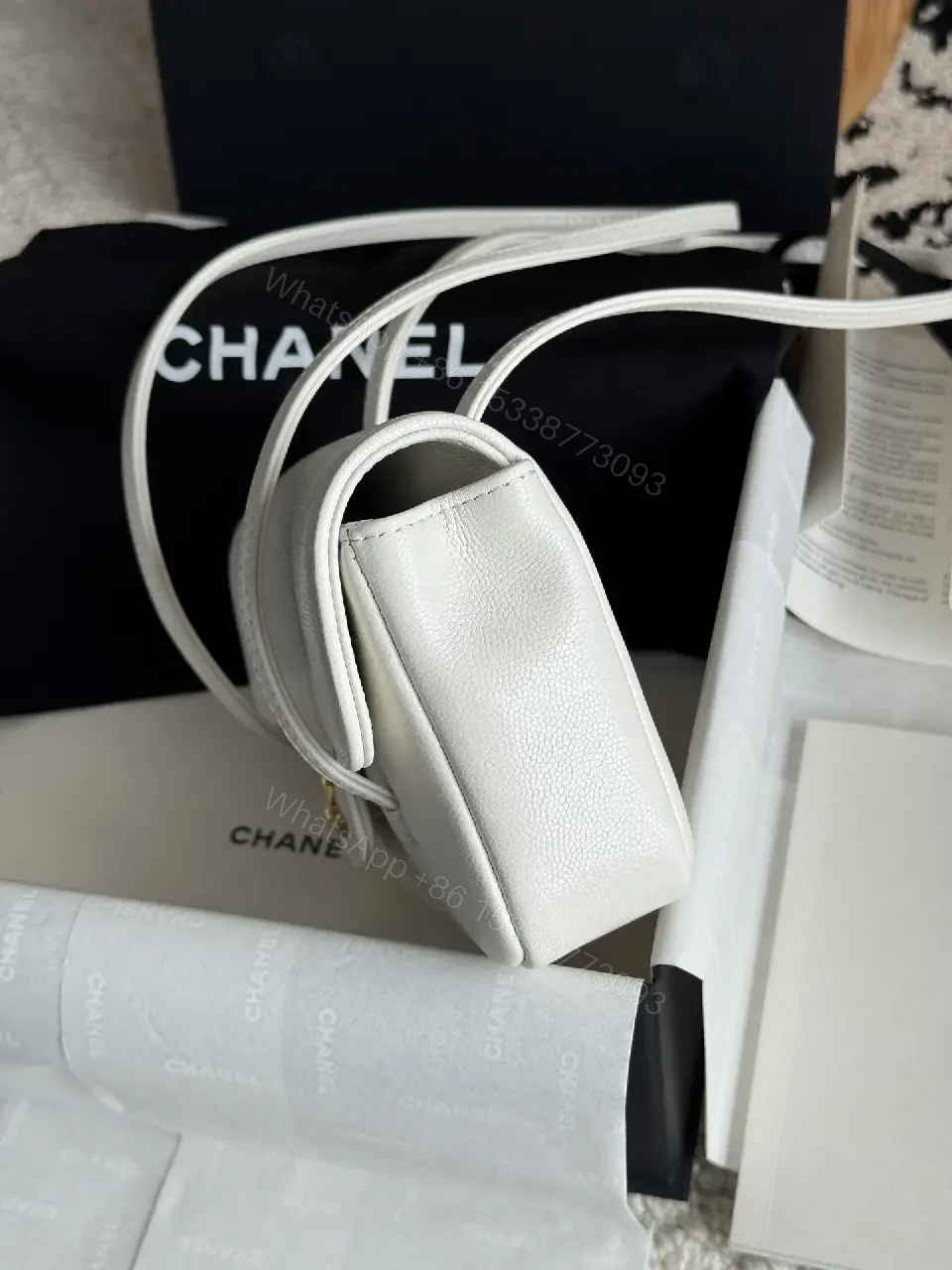 View 3 of White Pebbled Leather Crossbody Bag - Compact Structured Flap with CC Clasp