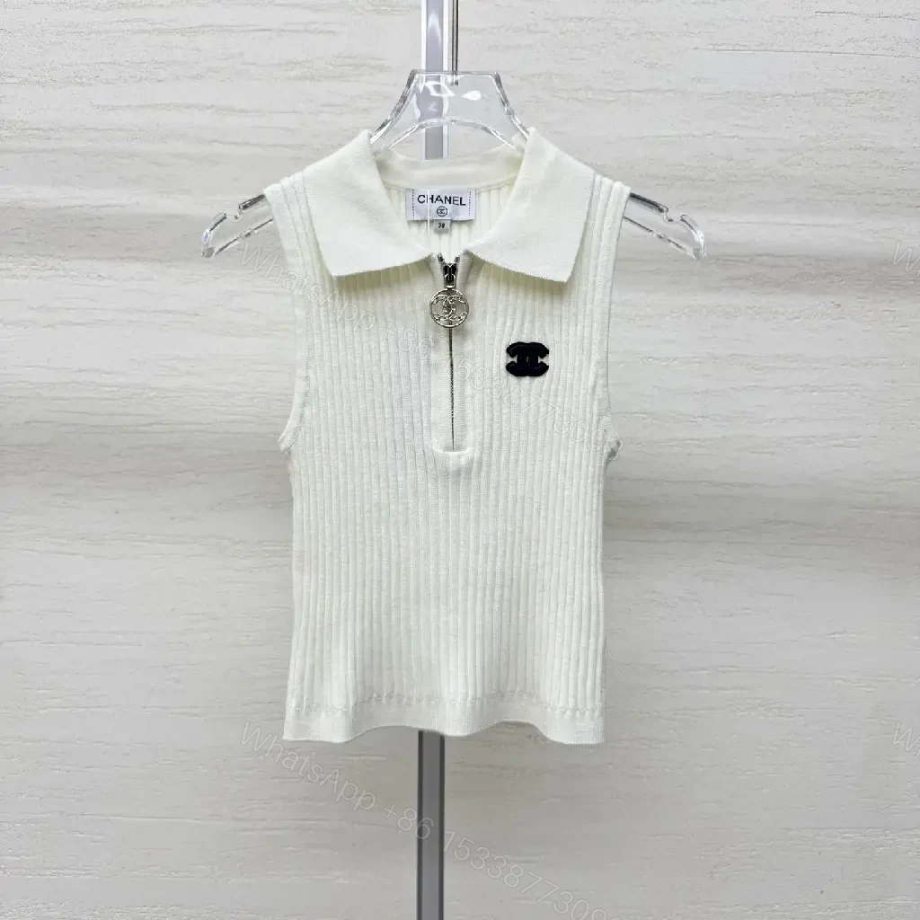 View 8 of White Knit Polo Vest, Ribbed Texture, Sleek Zip Mock-Neck Polo