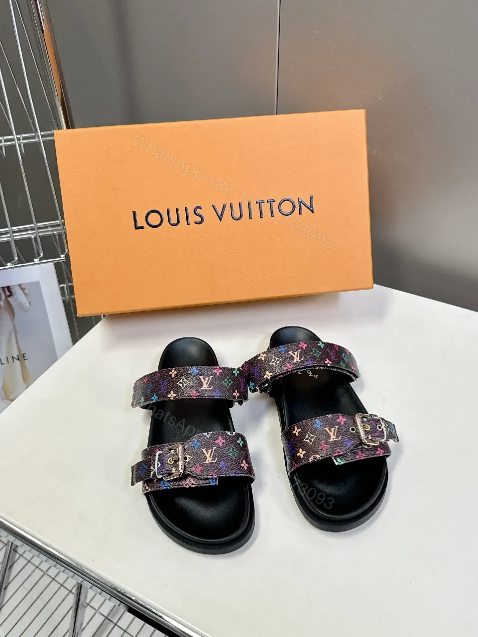 View 3 of Multicolor Monogram Slides with Velcro Straps
