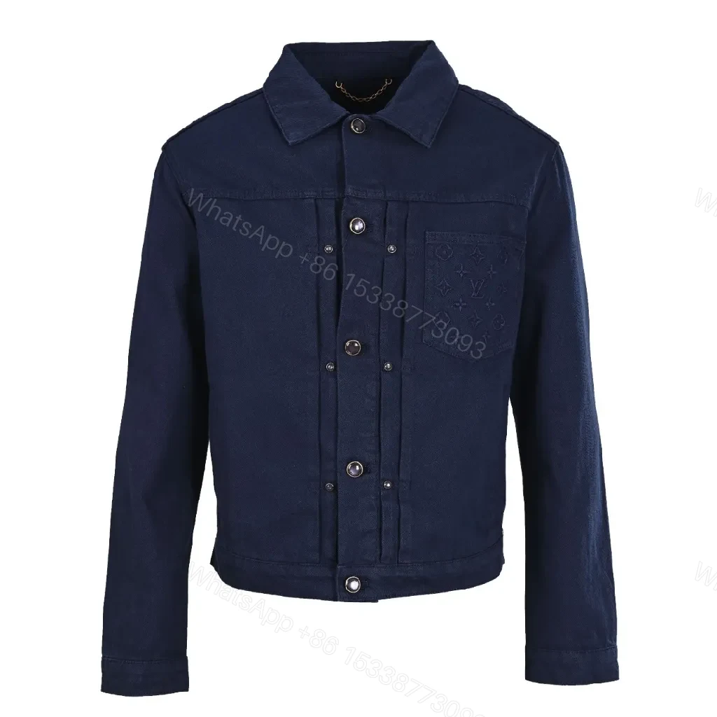 Dark Denim Jacket with LV-Inspired Embroidered Pocket — view 1