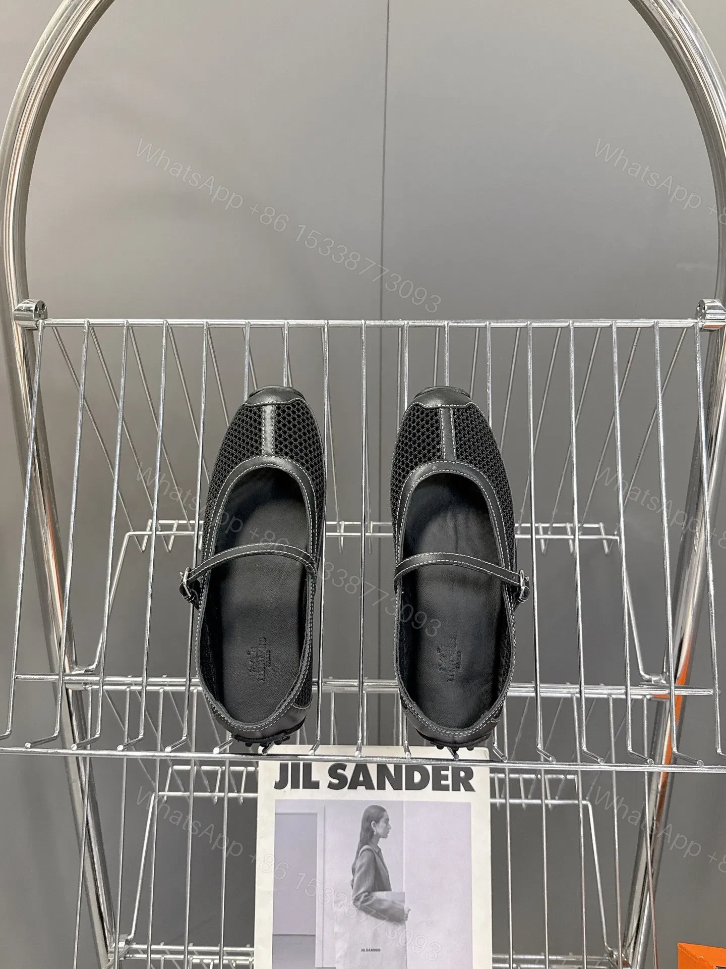 View 5 of Hermes Women Black Mesh Leather Mary Janes