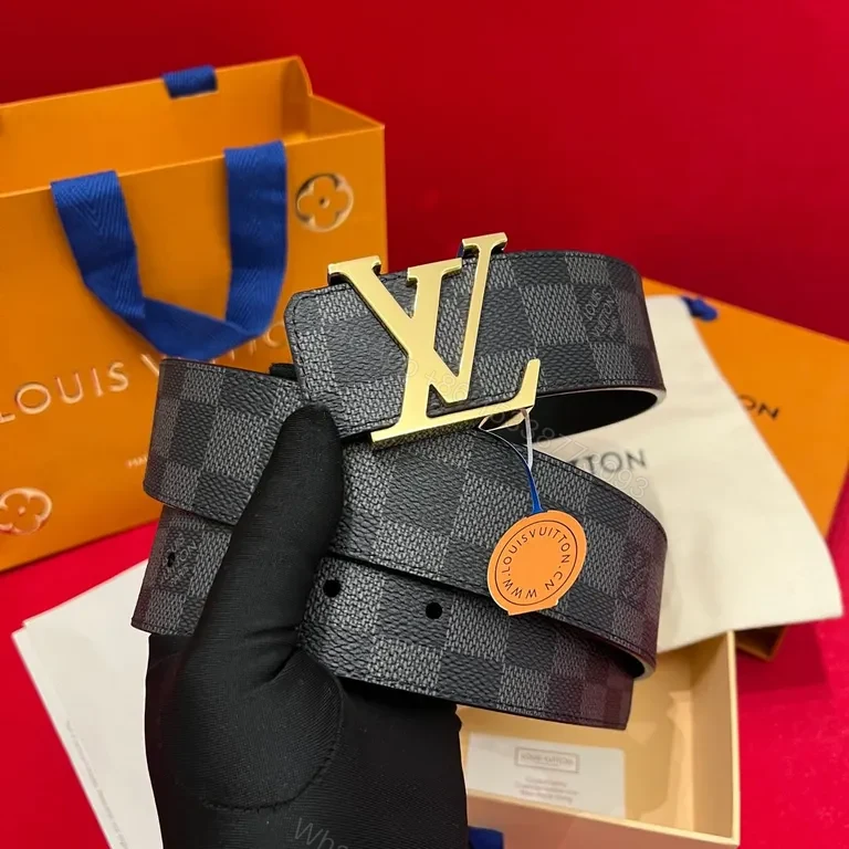View 6 of Damier Signature Belt: Gold LV Buckle, Leather-Canvas Luxury