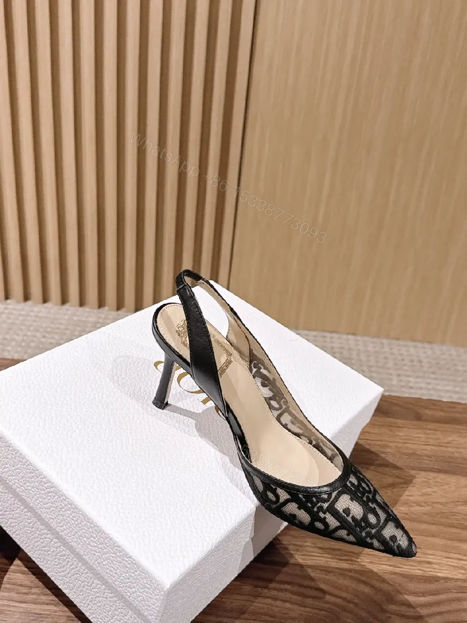 View 3 of Black Denim Slingback Heels Dior-inspired Pattern Pointed Toe Slide Slingback Heels