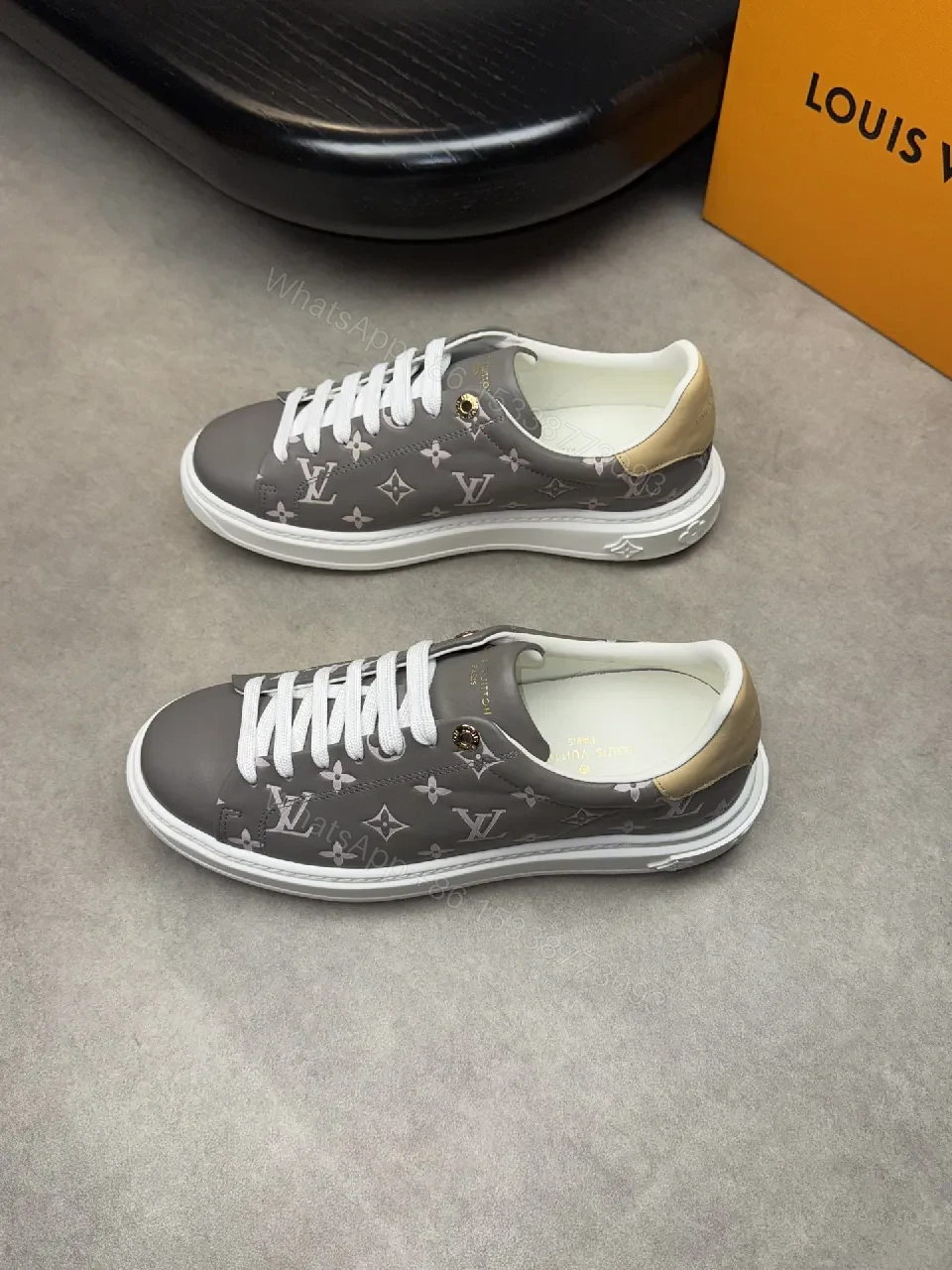 View 5 of Grey Monogram Leather Sneakers with Metallic Accents