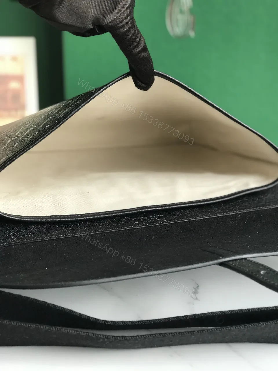 View 7 of Structured Black Leather & Patterned Panel Crossbody Bag
