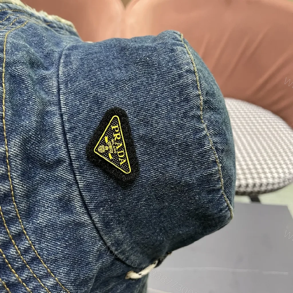 View 5 of Denim Bucket Hat + Distressed Edge + Modern Luxury + Subtle Prada-Inspired Badge + Hat