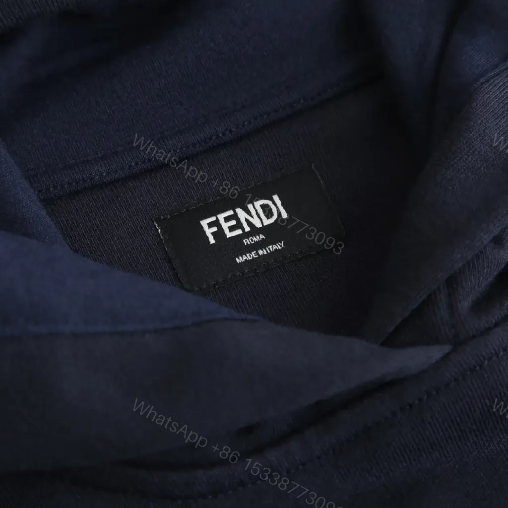 View 8 of Navy Fendi-Embroidered Graphic Hoodie, Luxe Cotton-Blend
