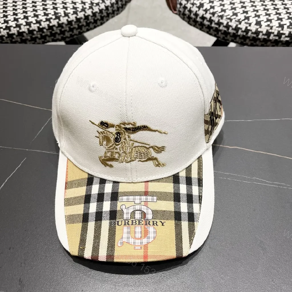 View 4 of White Plaid-Visor Sports Cap with Golden Motif Embroidery