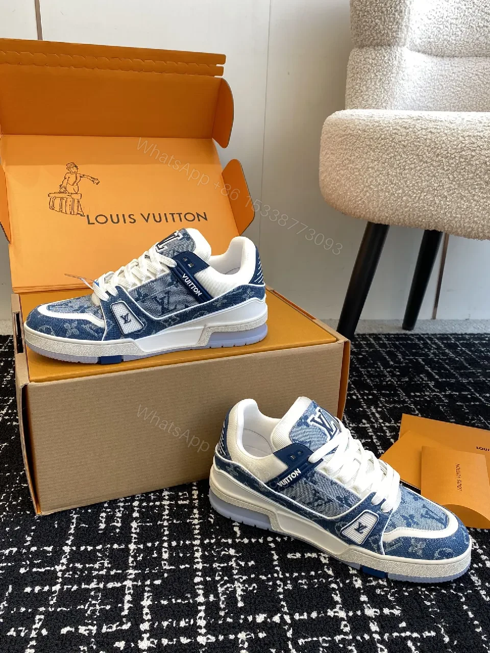 View 3 of Denim Luxe High-Tops: LV-Textured Comfort Sneakers