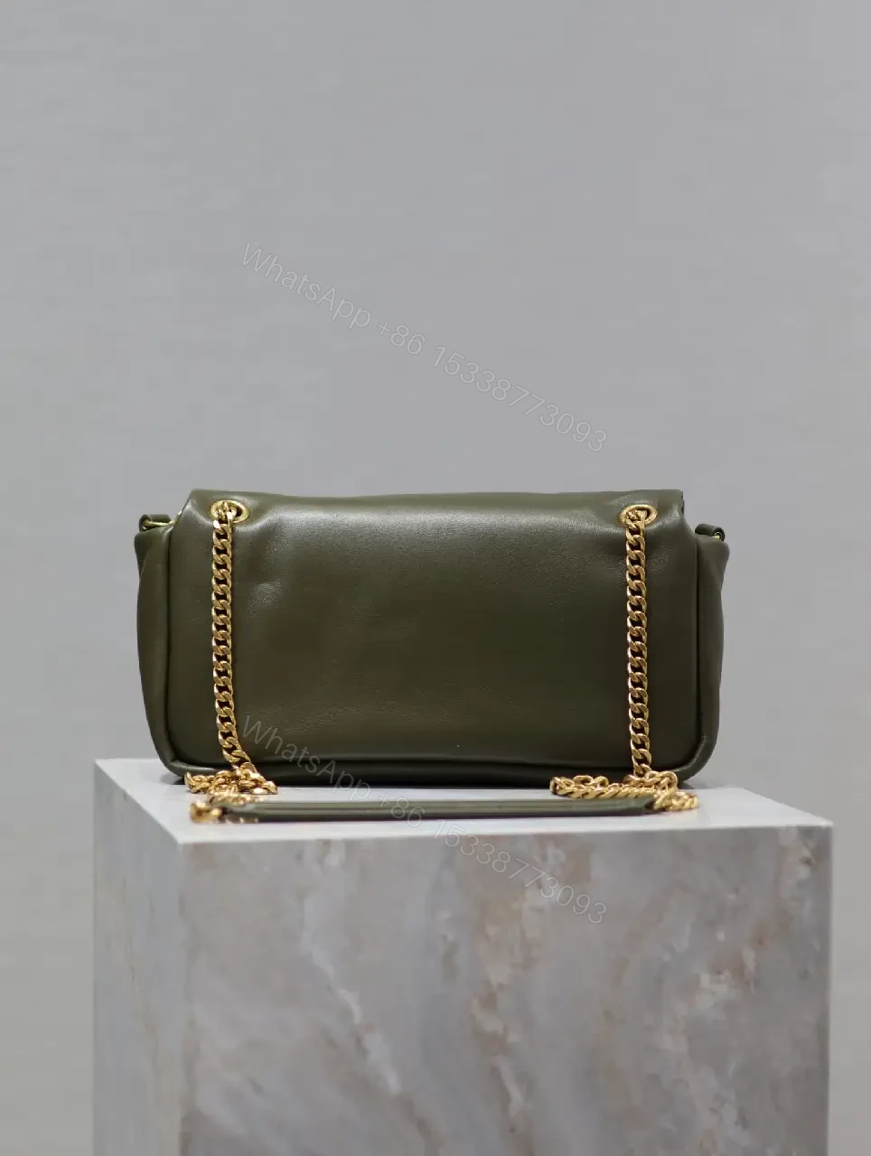 View 9 of Olive Leather Mini Bag: Structured, Gold YSL Logo, Compact Elegance