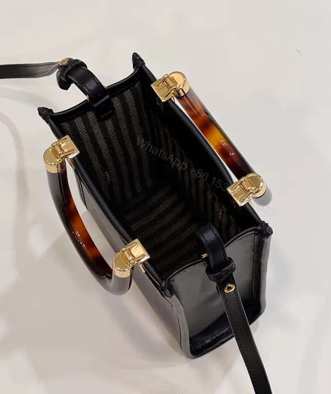 View 9 of Compact Leather Mini Handbag with Tortoishell Handle - Black, Fendi-inspired Style