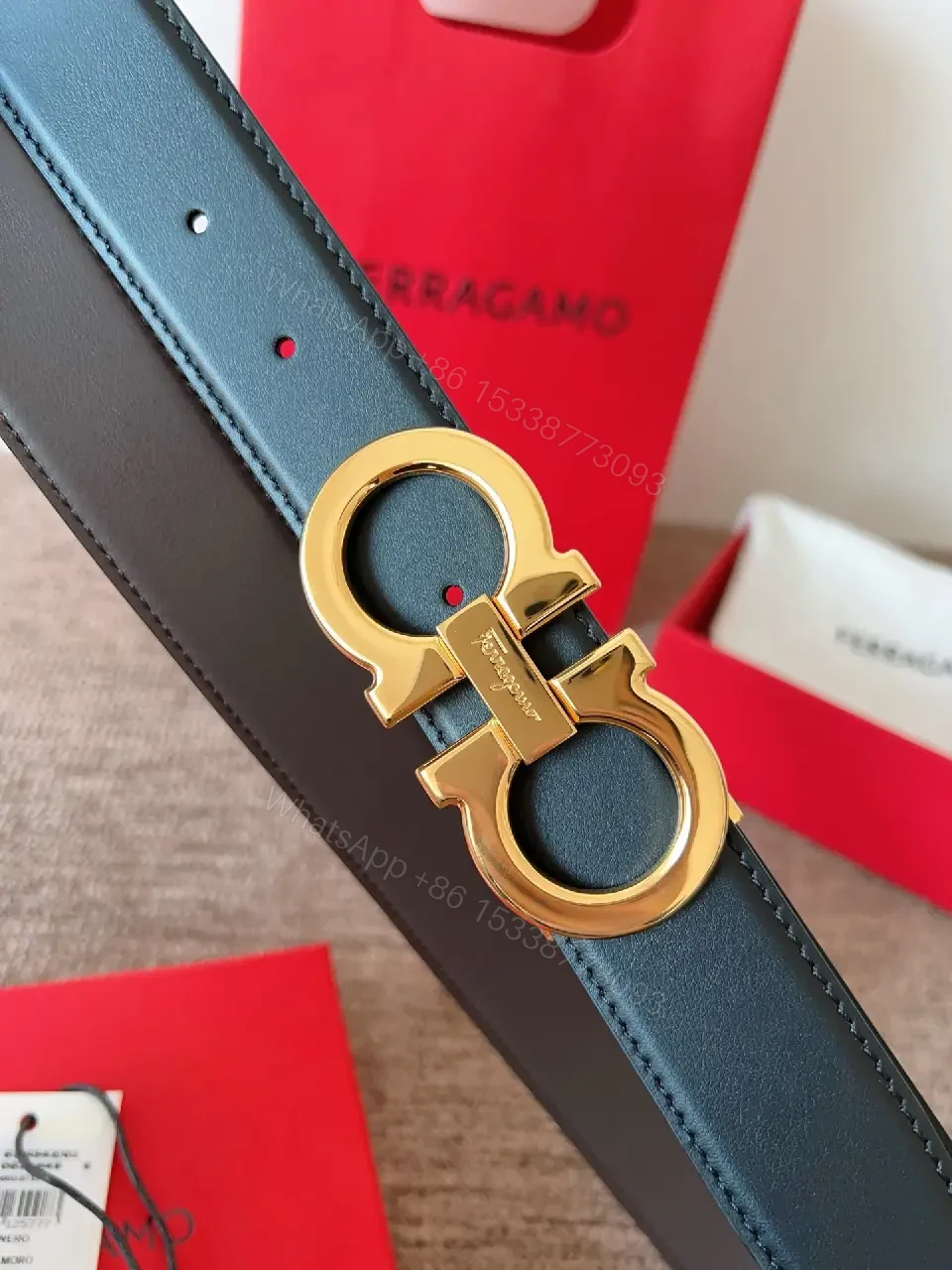 View 2 of Elegant Black Leather Belt with Gold Hardware