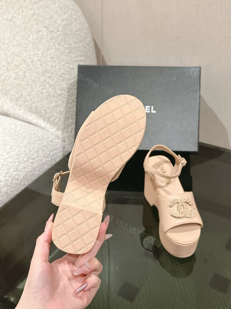 View 3 of Soft Pink Platform Sandals with Signature Emblem Themed Leather