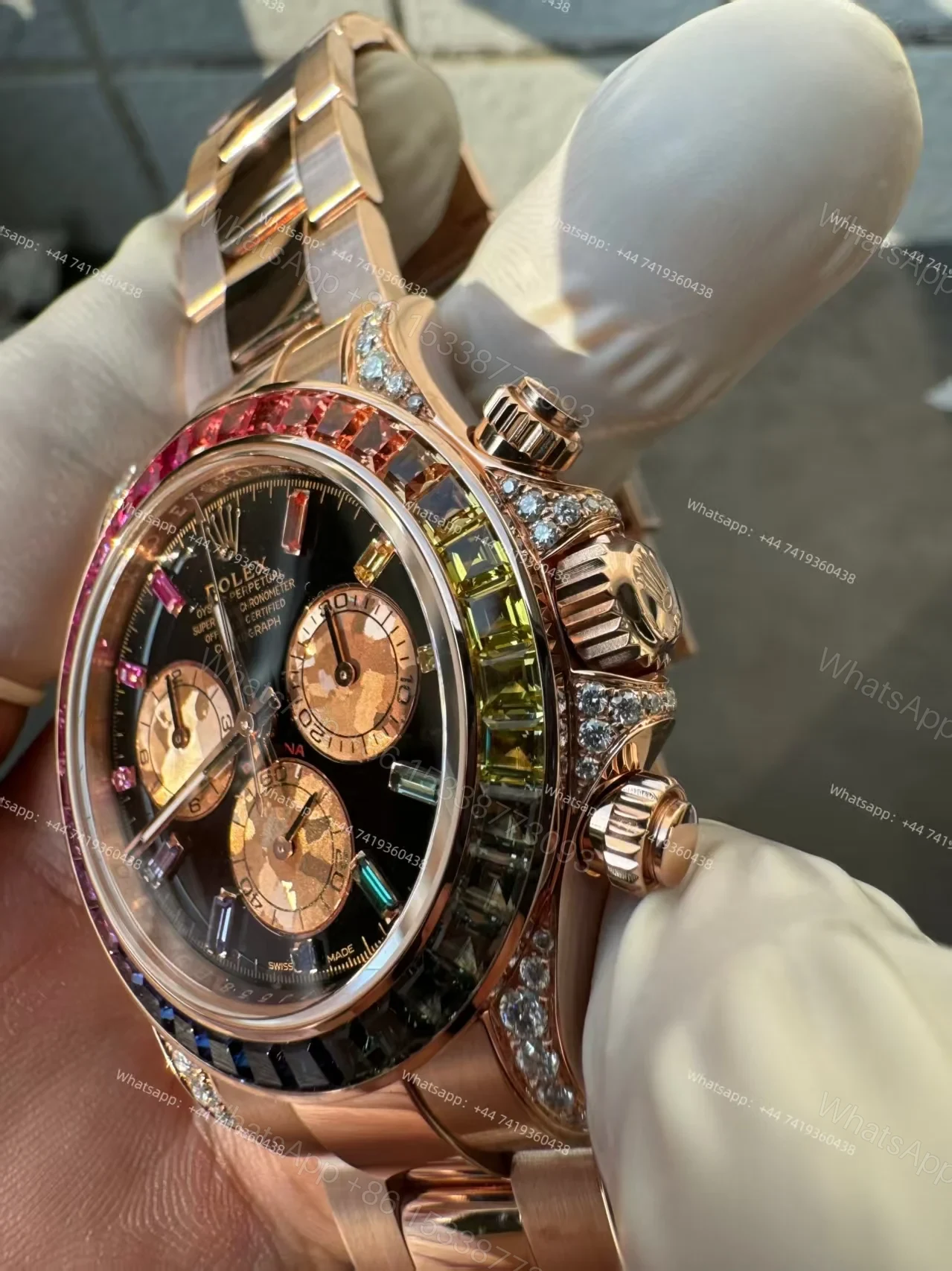 View 12 of Rolex Super Clone Rainbow Daytona 1:1 Replica Watch – 18K Rose Gold