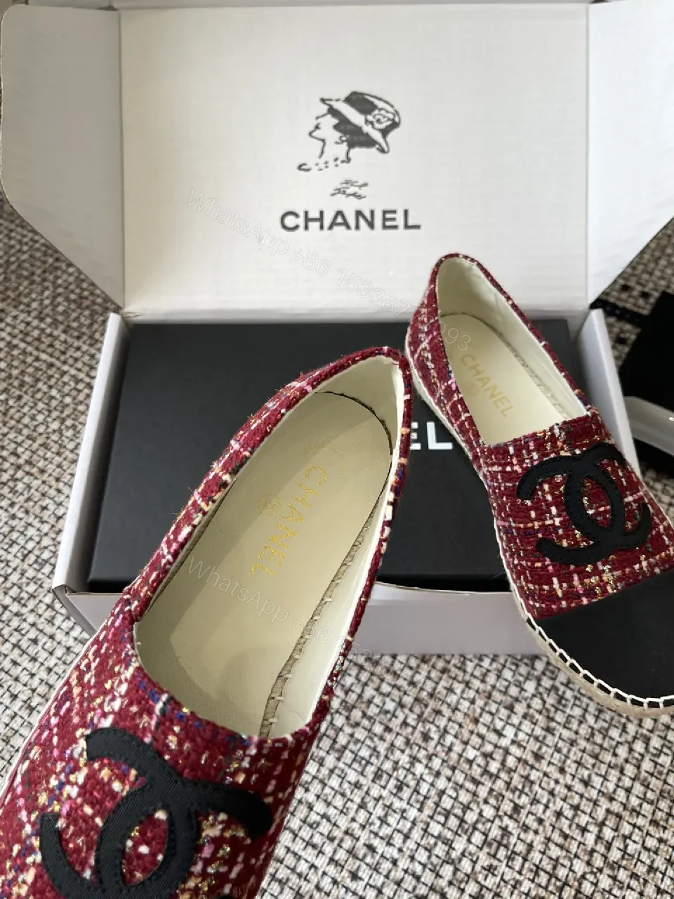 View 2 of Red Tweed Espadrille Loafer with Double-C Logo