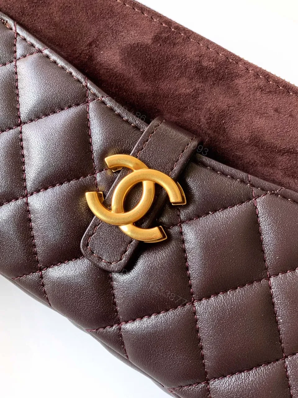 View 7 of Small Leather Crossbody: Diamond Quilt, Gold Logo, Velvet Trim, Everyday Luxe