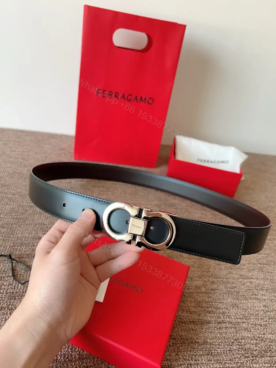 View 4 of Statement Black Leather Belt with Double-Circle Buckle