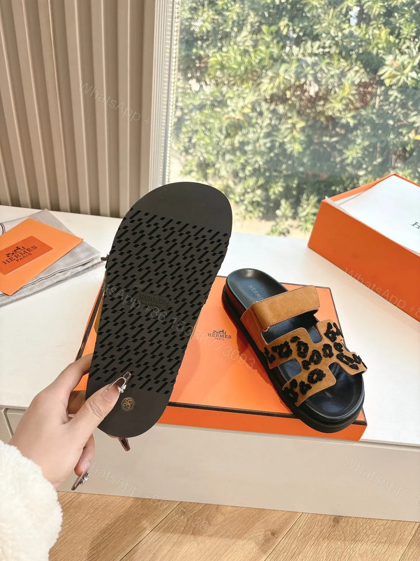View 2 of Hermes Women Tan Suede Leopard Print Slippers