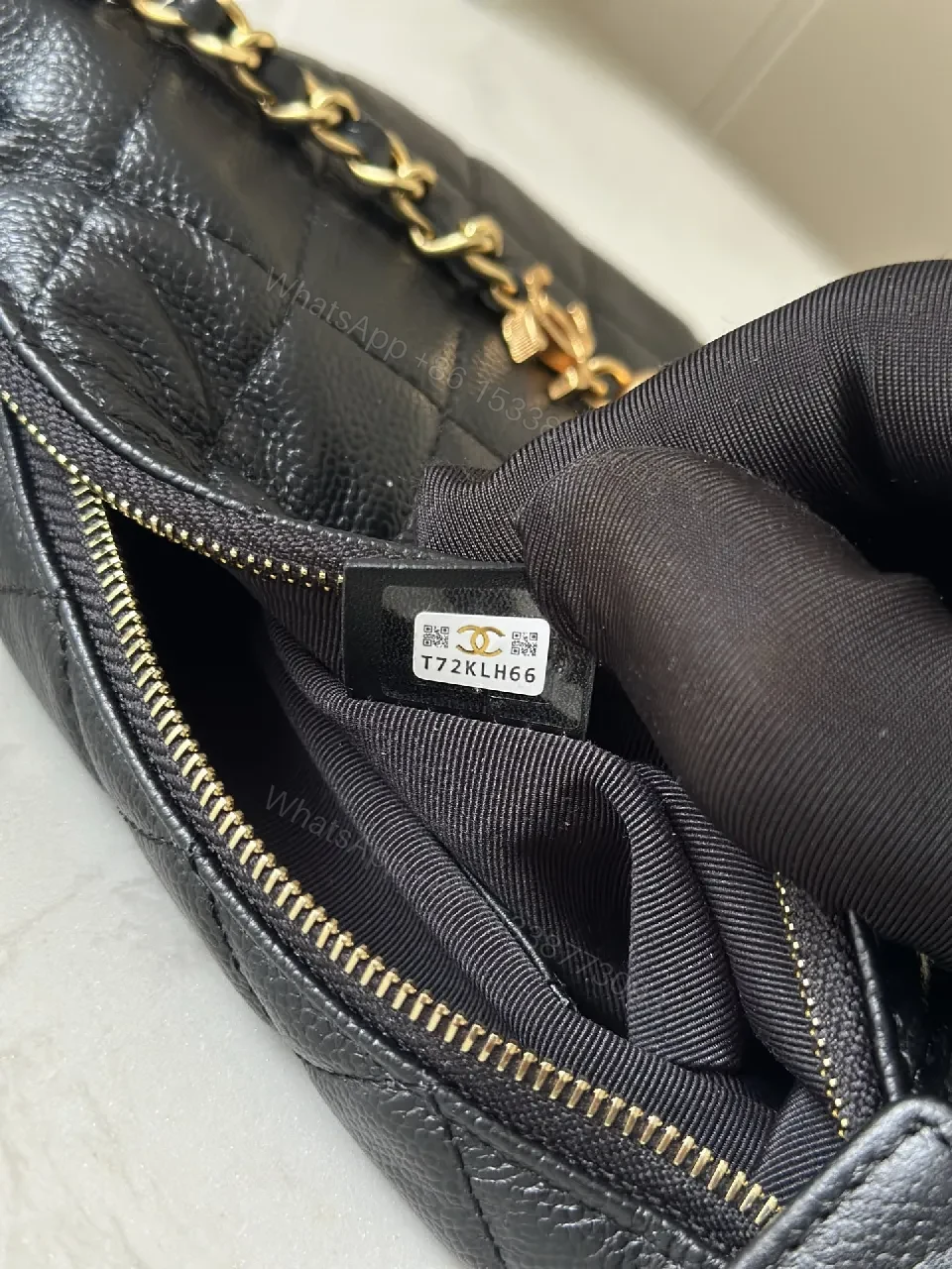 View 3 of Quilted Black Shoulder Bag with Pearl Chain Detail