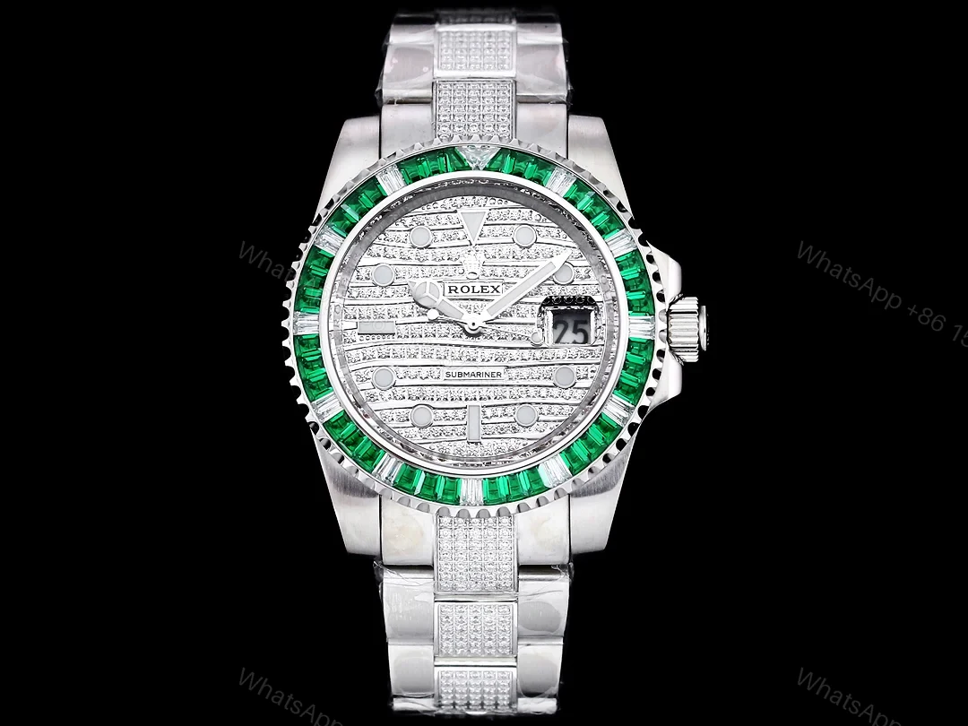 Rolex Submariner Green Baguette Diamond Replica 42MM Premium Meteorite Dial Pavé Oyster Bracelet RG-ROLEX-SUB-GREEN-BAGUETTE-42 — view 1