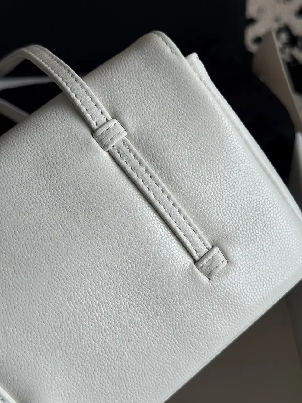 View 8 of White Pebbled Leather Crossbody Bag - Compact Structured Flap with CC Clasp