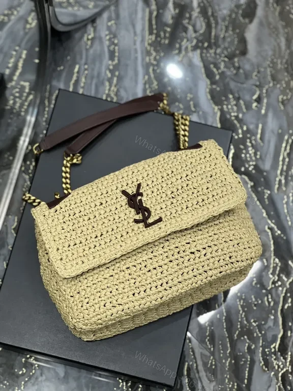 View 6 of Neutral Raffia Chain Bag: YSL-Emblem Luxe Crossbody Bag
