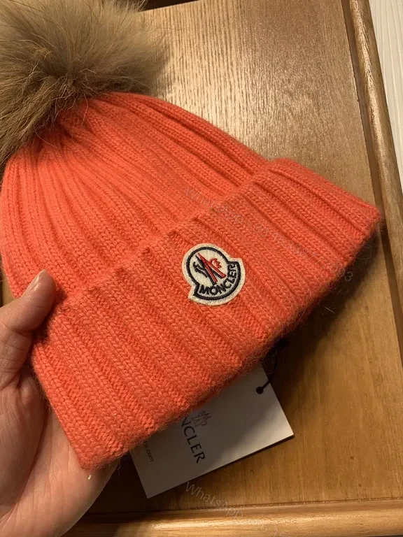 View 5 of Orange Knit Beanie with Fur Pom-Pom by Moncler - Luxe Wool Blend, Ribbed Style