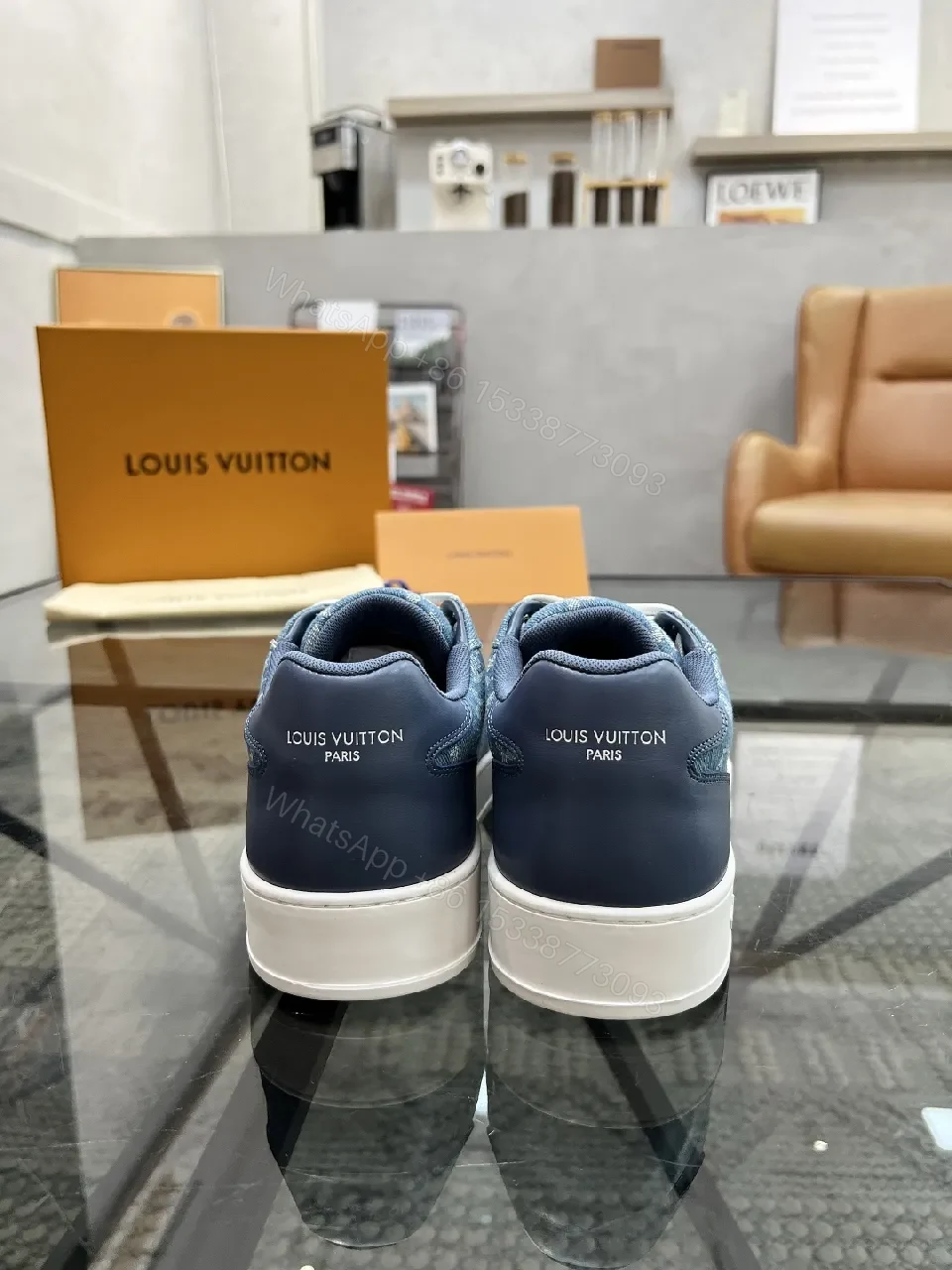 View 6 of Denim-Textured Luxury Sneakers with Monogram Embroidery
