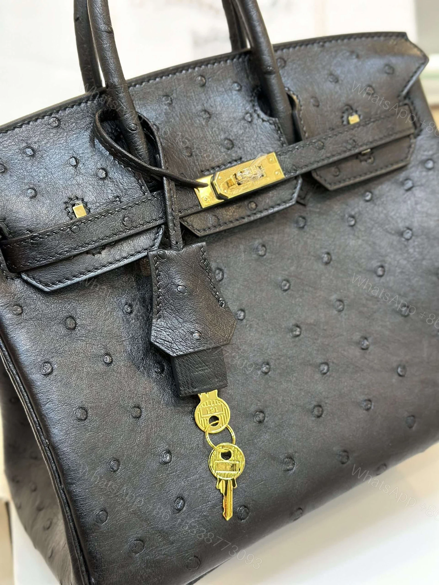 View 3 of Hermes Birkin 25 Black Ostrich Leather Gold Hardware