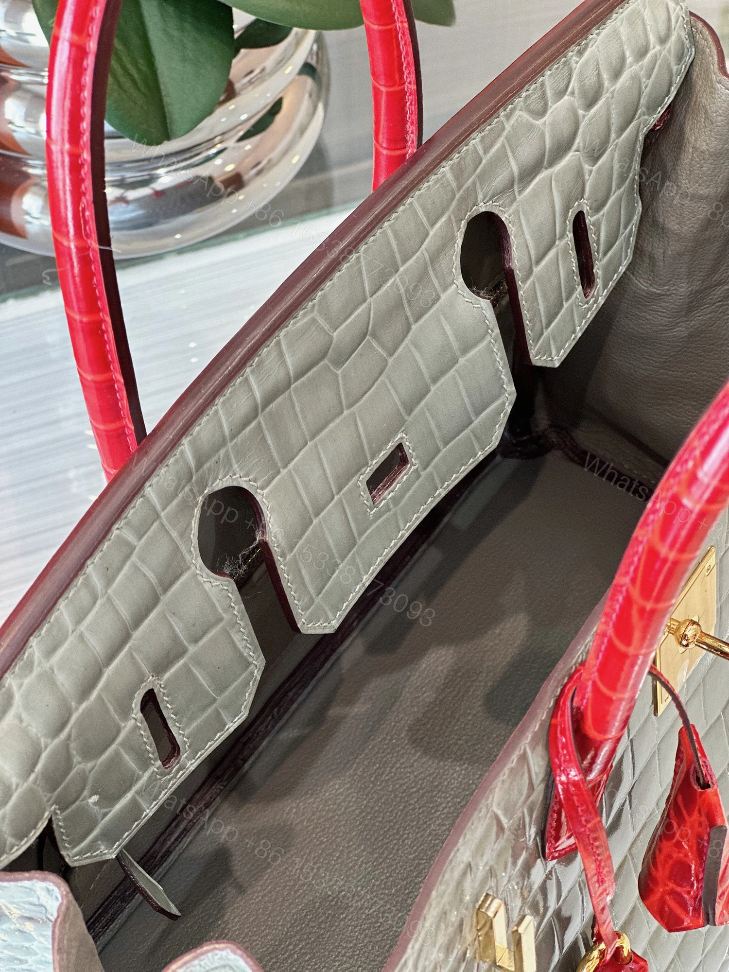 View 3 of Hermes Birkin Genuine Crocodile Leather Gray and Red Custom Made