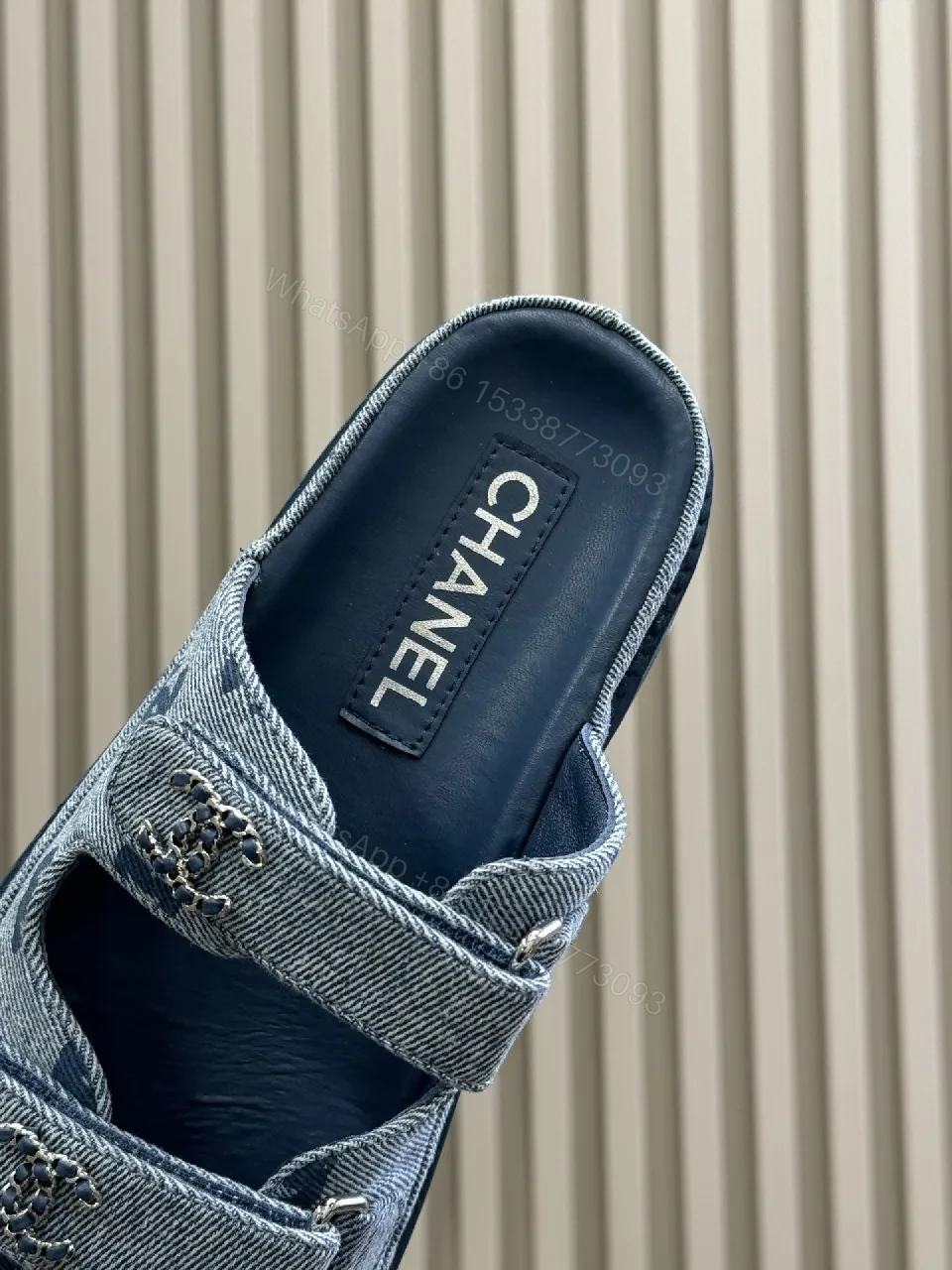 View 3 of Denim-Textured Slides: Luxe Casual Comfort for All Day