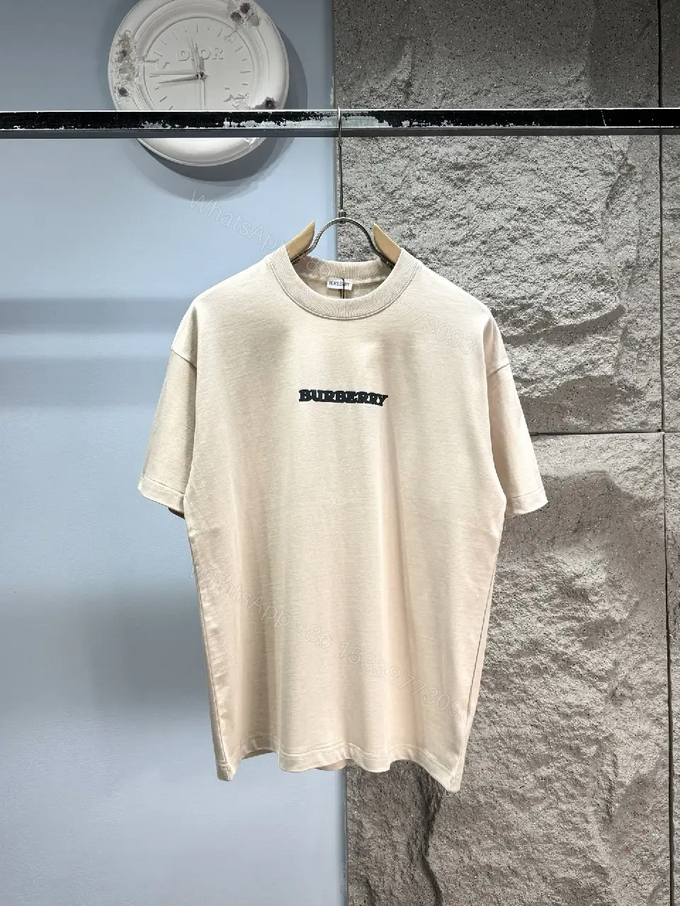 View 3 of Light Beige Off-White Loose Tee with Chest Logo, Short Sleeves