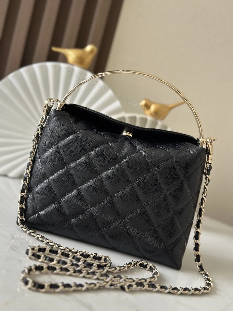 View 8 of Quilted Black Leather Bag with Gold Chain