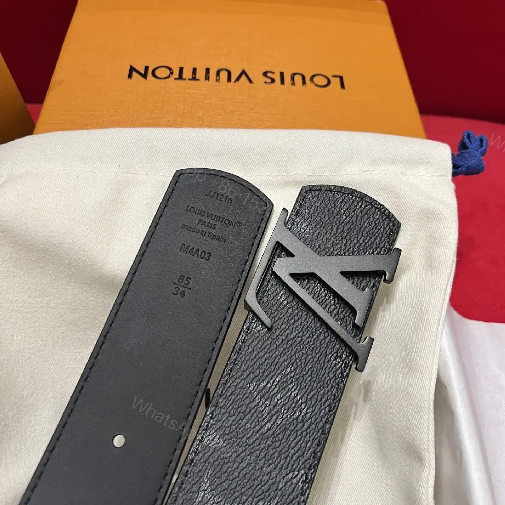 View 10 of Black Leather Belt with Bold Gunmetal LV Buckle Set