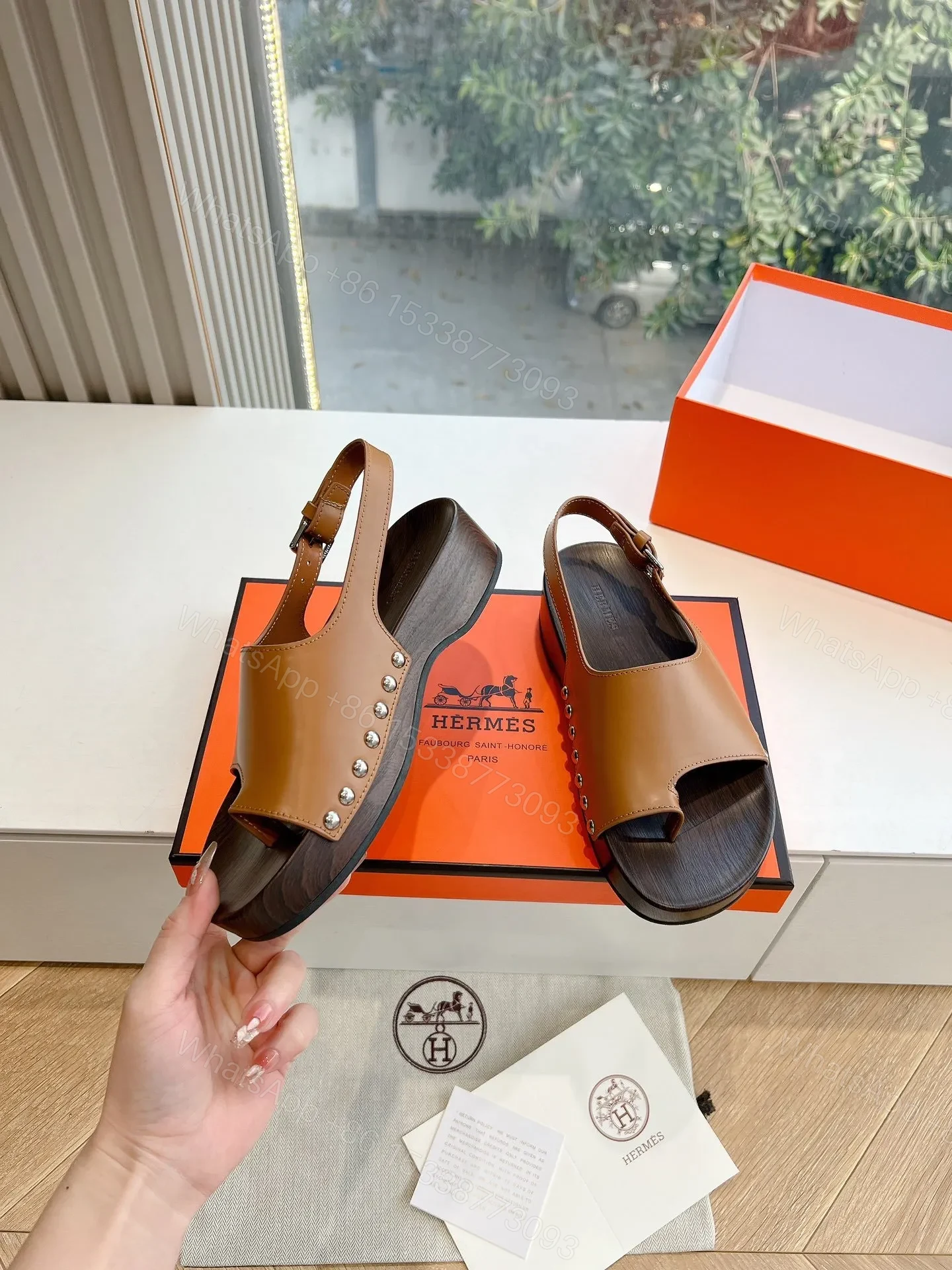 View 6 of Hermes Women Brown Leather Slingback Sandals