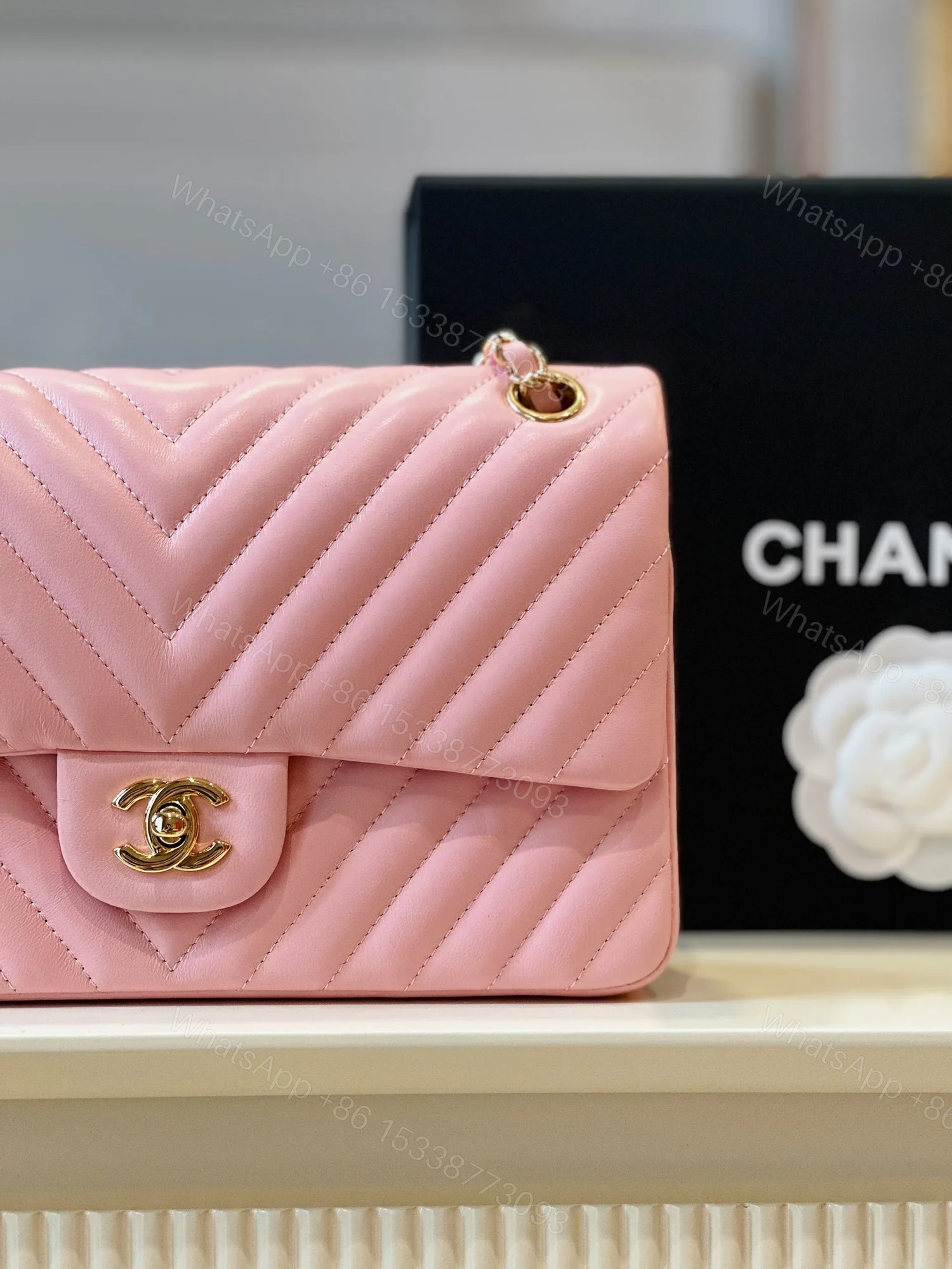 View 4 of Chanel Classic Handbags V-Pattern Pink Lock Gold 23cm