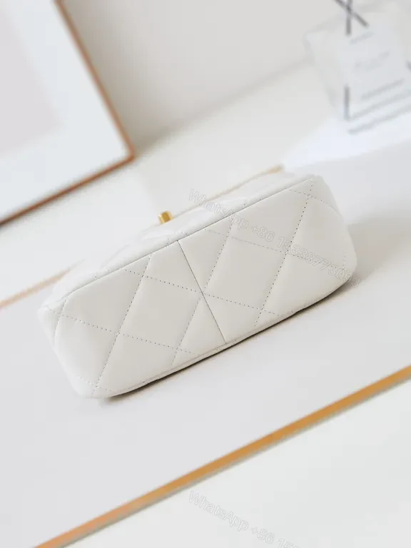 View 6 of White Quilted Mini Crossbody with Gold Chain, Luxe Calf Leather Bag