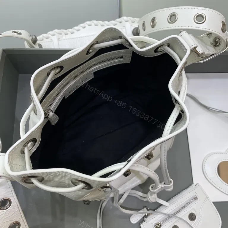 View 2 of White Textured Bucket Bag: Calfskin, Balenciaga-Inspired Luxury Bag