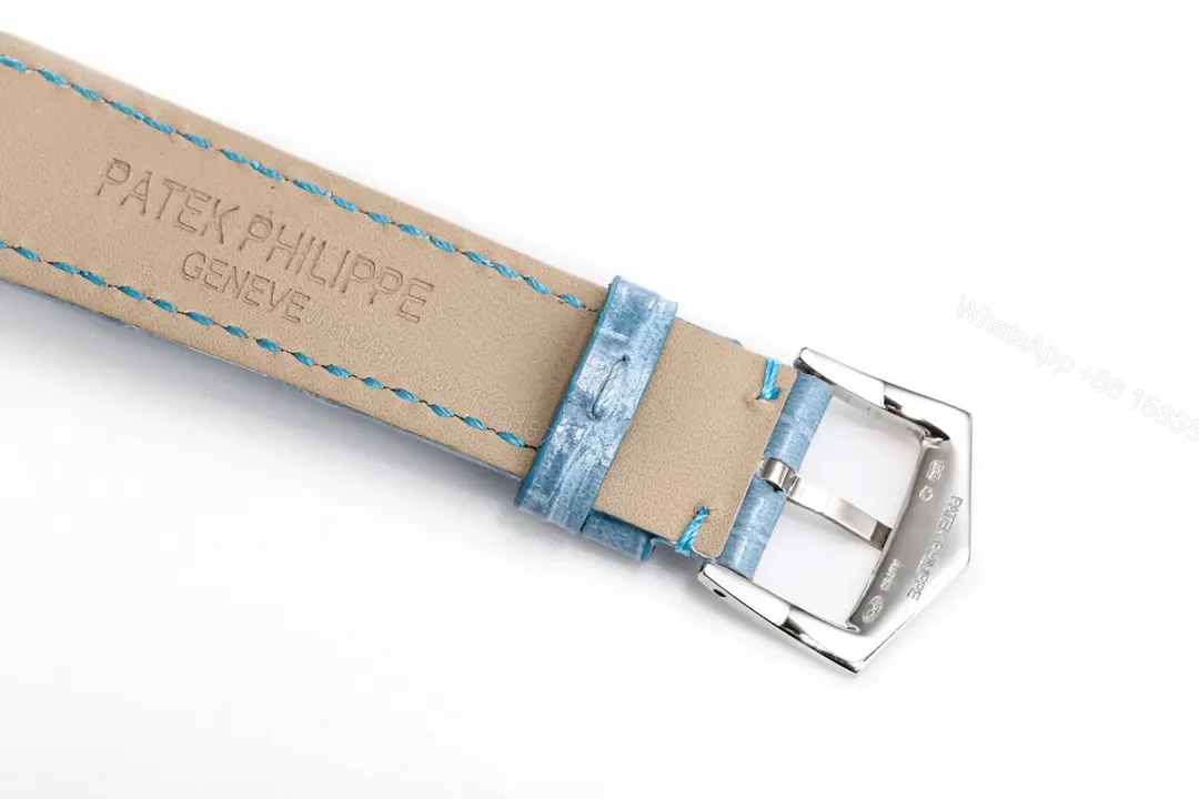 View 8 of Patek Philippe Complications Series Annual Calendar Moon Phase Women’s Watch 4947R/4947G 4948R/4948G White Dial with Blue Leather Strap Diamond Set Case