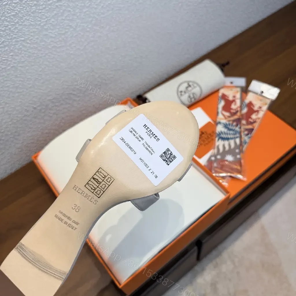 View 4 of White Leather Hermès-Style "H" Sandals - Minimalist, Modern, Flat Slide