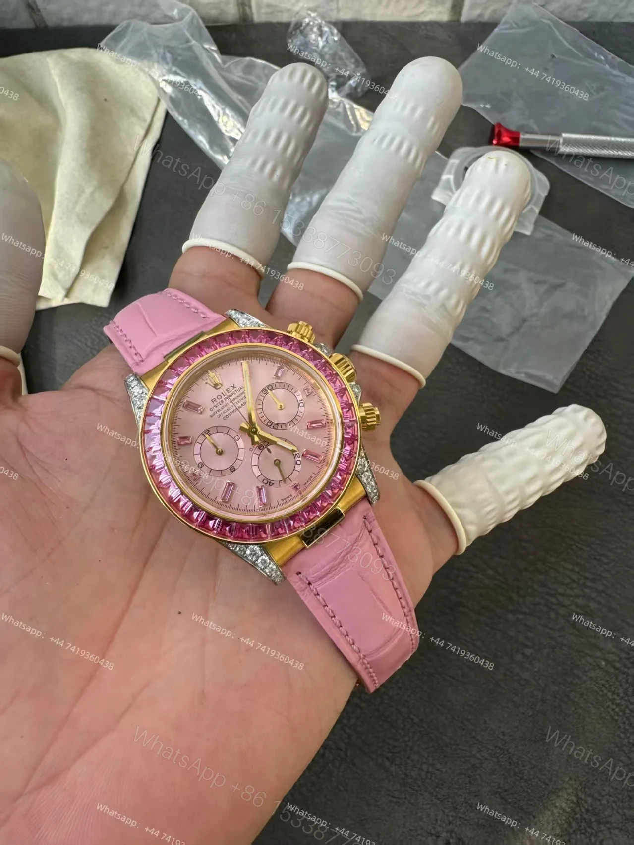 View 2 of Rolex Daytona 126538TRO Pink Dial with Diamond Indexes Pink Sapphire Bezel on Pink Leather Strap Best Super Clone