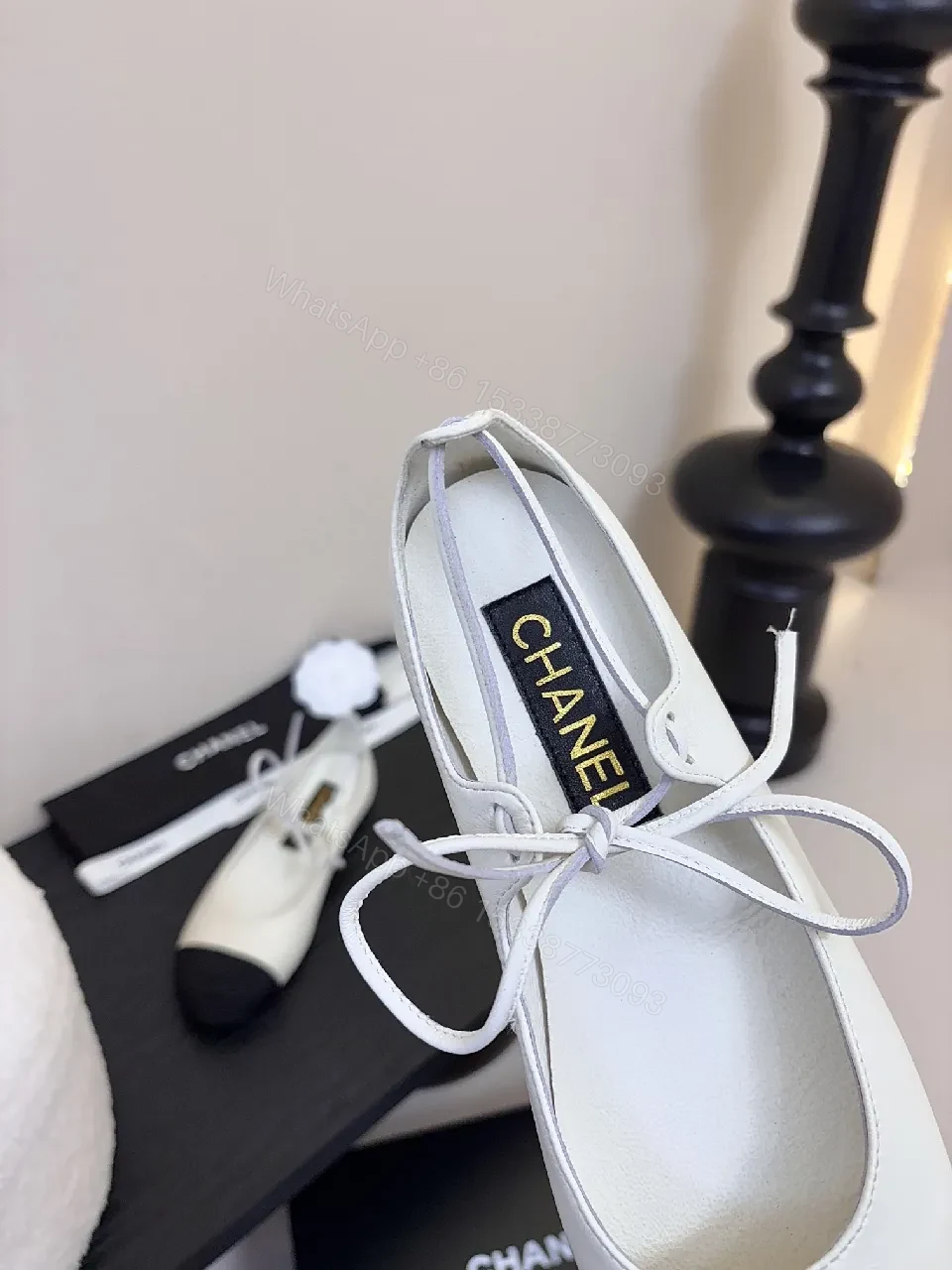 View 5 of White/Black Two-Tone Ballet Flats – Crisscross Lace, Cushioned Comfort, Flat Shoes