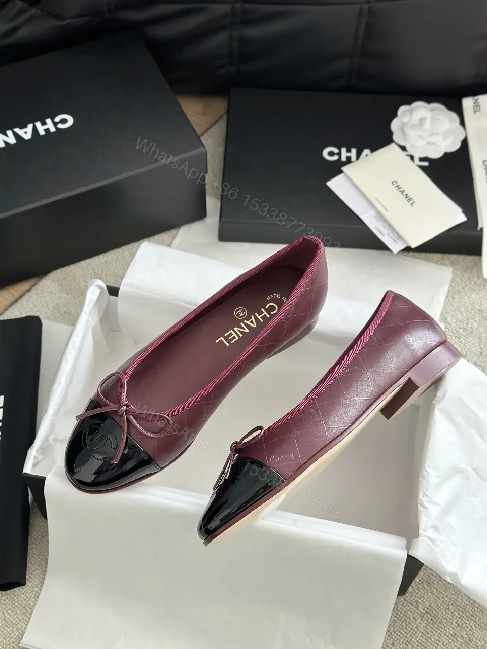 View 4 of Burgundy Satin Ballet Flats with Patent Cap Toe